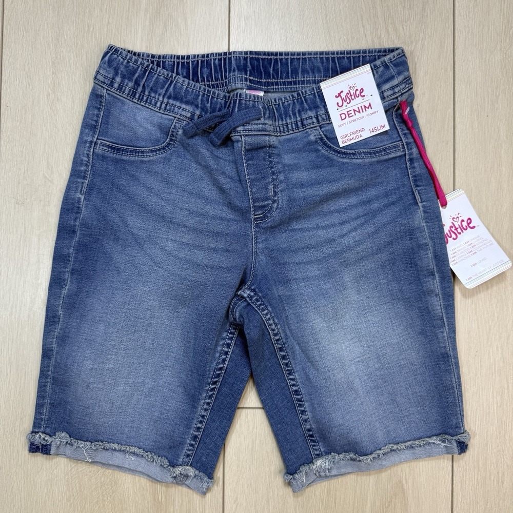 NWT Size 14 Justice Girls Denim Bermuda Shorts Slim Pull On Stretch Medium Wash